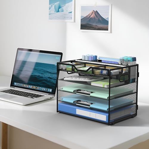 Docnest 5 Tier Metal Desk Organizer - Adjustable Desktop File Tray with Pen Holders & Handles, Heavy-Duty Office Paper Sorter for Documents, Mail, A4 Folders - Black - color: Black