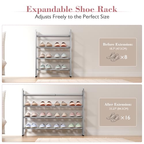 Bumusty 4-Tier Expandable Shoe Rack for Closet, 18“-33” Adjustable Shoe Rack for Small Space, Small Shoe Organizer for Front Door, Sturdy Metal, Light Grey - color: Light Grey, size: 4-Tier