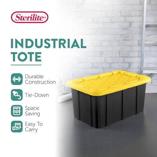 Sterilite 17 Gal Industrial Tote, Stackable Storage Bin with Snap-Fit Lid for Garage, Basement & Attic Storage, Black Base and Yellow Lily Lid, 6-Pack - size: 17 Gallon