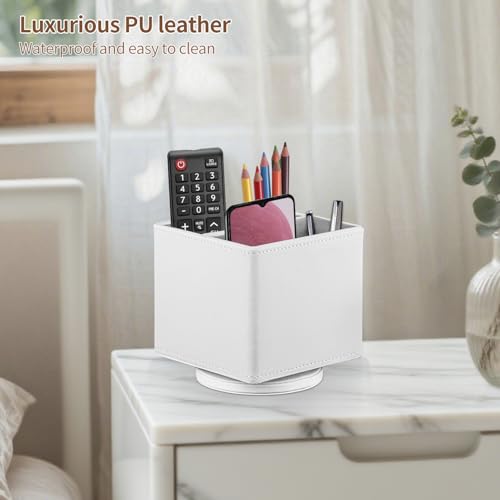 Remote Control Holder PU Leather TV Remote Caddy for Table,360 Swivel Nightstand Organizer for Bedroom Accessories/Bedside Remotes/Media Controllers/Office Supplies,Home Decorations for Living Room - color: White