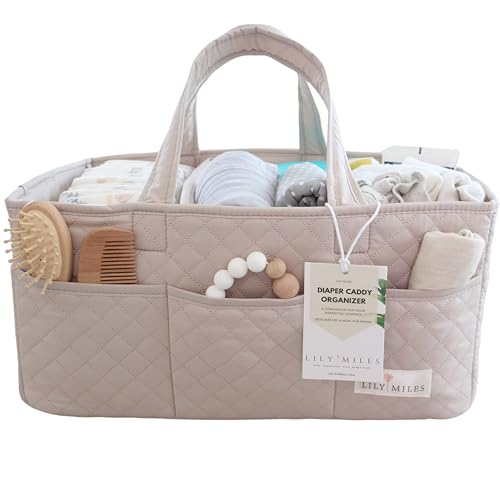 Lily Miles Baby Diaper Caddy Organizer, Quilted Nursery Storage Organizer for Newborn Essentials and Diaper Changing Station, Gift for Baby Shower and Registry Must-Have (Soft Sand) - color: Soft Sand