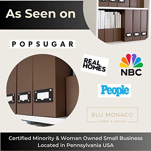 BLU MONACO | Cardboard Magazine File Holder Set of 6 | Vertical Magazine File Holder with Leather Label Slots | Standing File Holder and Cardboard Bins for Shelves Desk Office - color: Brown