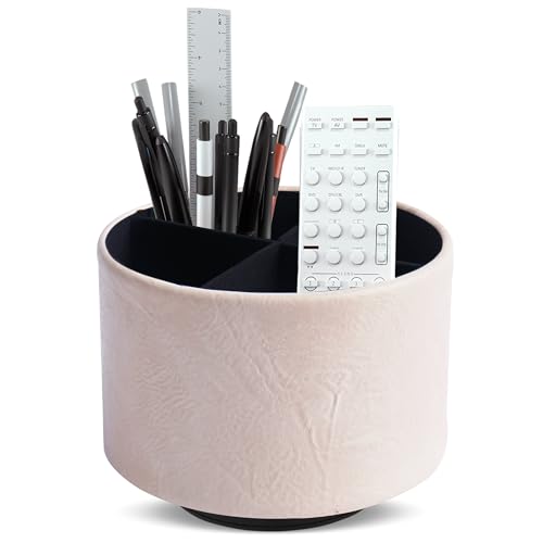 Hennaja Round Leather Art Supply Organizer,Remote Control Holder,360 Degree Spinning,Multi-Functional Pencil Holder,4 Compartments Desktop Stationary Organizer(1-Crazy White) - color: 1-Crazy White