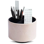 Hennaja Round Leather Art Supply Organizer,Remote Control Holder,360 Degree Spinning,Multi-Functional Pencil Holder,4 Compartments Desktop Stationary Organizer(1-Crazy White) - color: 1-Crazy White