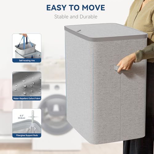 Dual Section 90 liter/23.8 gallon Laundry Hamper Separation Basket with lid, 2 Removable Washing Bags with Handles,Large Laundry Sorter for Easy Clothes Separation - Gray - size: 2 Section,Gray