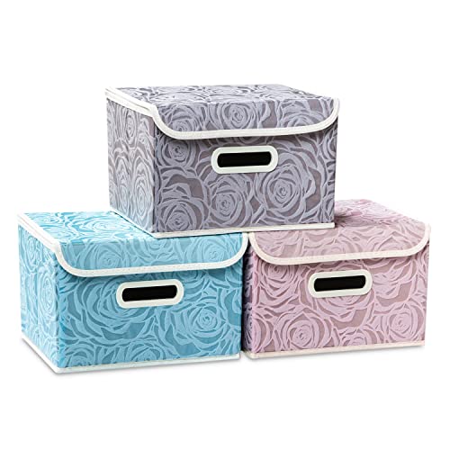 PRANDOM Collapsible Storage Boxes with Lids Fabric Decorative Storage Bins Cubes Organizer Containers Baskets with Cover Handles Divider for Bedroom Closet Living Room 9.8x7.9x6.7 Inch 3 Pack - color: Assorted Color, size: Small(3-Pack)