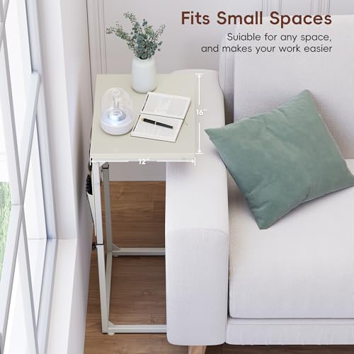 Vagusicc C Shaped End Table, 32'' Tall Side Table for Couch, Adjustable Height Small Couch Side Table for Small Spaces, End Table Slide Under Sofa Table TV Tray Table Arm Table for Living Room - color: Cream White