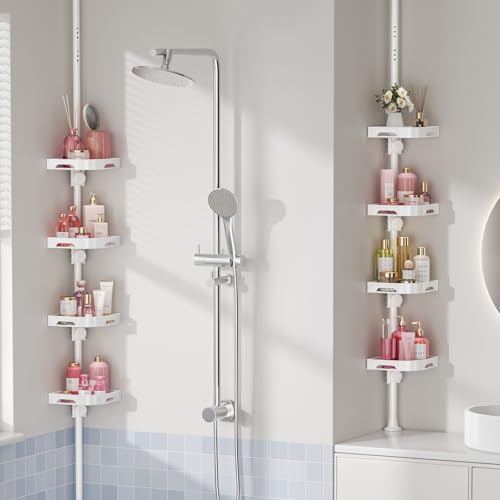 shuang qing 4-Tier Corner Shower Caddy Tension Pole Organizer - Adjustable Rustproof Metal Tension Pole, Plastic Shelves with Safety Guardrail, Bathroom Storage for Shower & Bathtub(White) - color: White, size: No Rotation