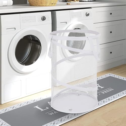 BATTOO 2 Pack White Large Collapsible Laundry Basket Foldable Mesh Pop Up Hamper with Handles for Laundry Room, Bathroom, Kids Room, College Dorm, Travel, Camping, Gift Basket - color: 2 x White, size: 13 x 23.7 inch