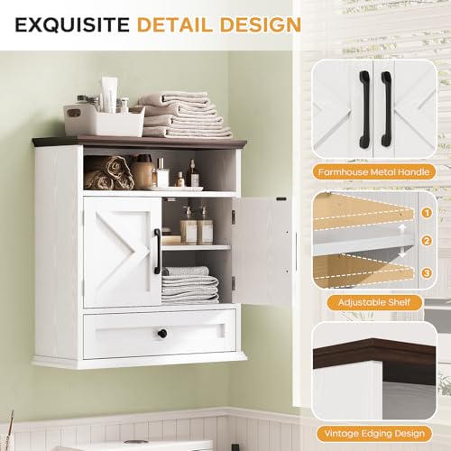 Bathroom Wall Cabinet, Wall Mounted Medicine Cabinet with Drawer, Barn Doors & Adjustable Shelf, 24.4"H x 23.6"W x 9"D White Over Toilet Farmhouse Storage Cabinet for Kitchen, Laundry Room, Entryway - color: White, size: 24.4"H x 23.6"W x 9"D