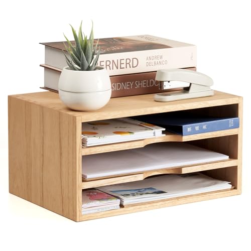 KIRIGEN Wooden Desktop Organizer Paper Storage Letter Tray File Sorter - Desk Rack Magazine File Dividers Holders for Home Office Accessories Wood Desk Cabinet with 3 Layer Trays Natural(3KWJG-NA) - color: Natural, size: 3 layer-0 drawers