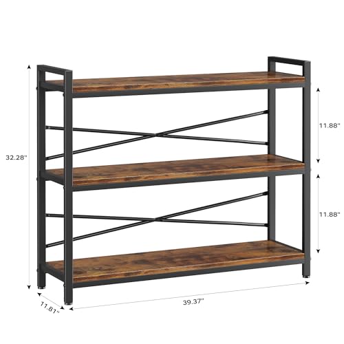 3 Tier Bookshelf 39.37" Width, Long Industrial Bookcase, Vintage Farmhouse Modern Wooden Big Book Shelf for Home Living Room Bedroom Office Storage(Rustic Brown) - color: Rustic, size: 3 Tier - 39.3" W