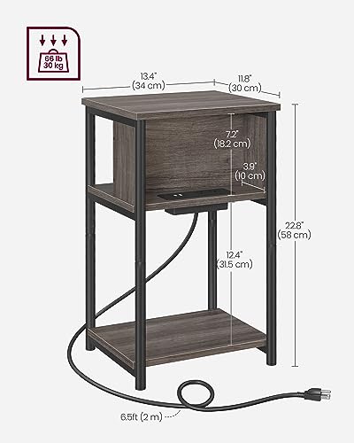 VASAGLE Side Table with Charging Station, 3-Tier End Table with USB Ports and Outlets, Nightstand for Living Room, Bedroom, 11.8 x 13.4 x 22.8 Inches, Plug-in Series, Chestnut Brown and Black - color: Chestnut Brown + Black