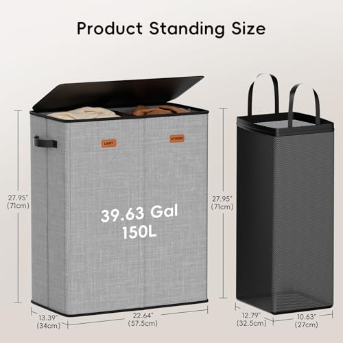 150L Double Laundry Hamper With Lid, Large Clothes Hampers with Removable Bag, Laundry Hamper 2 Section for Bathroom, Bedroom, Laundry Room, Dorm, Grey - color: Grey, size: 150L - 2 Section