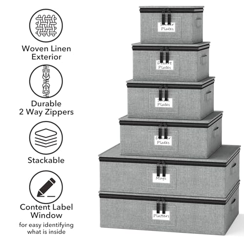 SpaceAid China Storage Containers 6 Pack, Stackable Hard Shell Quilted Cases with Soft Plate Separators, Moving Supplies Packing Boxes for Dishes, Plates, Platters, Mugs, Cups (Grey) - style: Plate Platter Mug Combo
