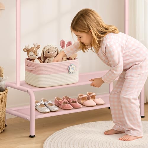 mirolam Kids Clothing Rack - Dress Up Storage - Dress Up Rack for Little Girls - Small Kids Costume Wardrobe with 2 Fabric Shelves - Princess Room Bedroom Decor - color: Pink
