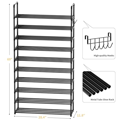 Shoe Rack, 10 Tier Shoe Storage Organizer with Hooks,Fit 40-45 Pairs Shoes,Metal Tall Shoe Shelf for Closet,Entryway, Hallway,Garage,Bedroom,Cloakroom - color: Metal, size: X-Large