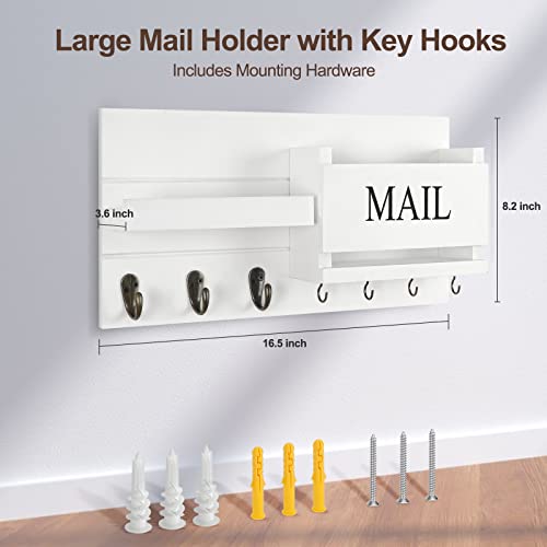Lwenki Mail Organizer for Wall Mount – Key Holder with Shelf Includes Letter Holder and Hooks for Hallway Farmhouse Decor – Rustic Wood with Flush Mounting Hardware (16.5” x 9.1” x 3.4”) (White) - color: White