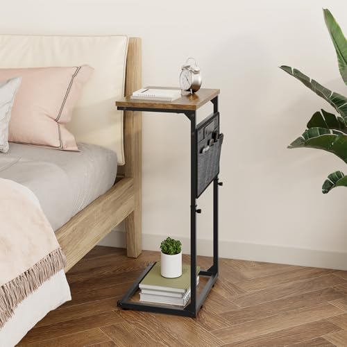 Vagusicc C Shaped End Table, Set of 2 Tall Side Table for Couch, Adjustable Height Small Couch Side Table for Small Spaces, End Table Slide Under Sofa Table TV Tray Arm Table for Living Room, Brown - color: Rustic Brown 2pc