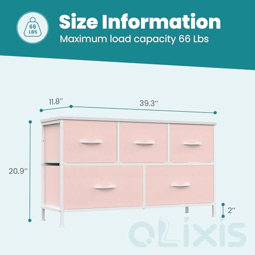 OLIXIS Dresser for Bedroom with 5 Drawers, Wide Chest of Drawers, Fabric Bedroom Dresser with Drawer Organizer, Storage Organizer Unit with Fabric Bins for Closet, Living Room, Hallway, Pink - color: Pink, size: 11.9"D x 38.1"W x 20.9"H (5 Drawers)