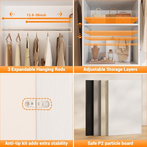 Homieasy 96 Inches Closet Organizer System, 8FT Customizable Walk In Closet Organizer with Hanging Rods, 3 Drawers Garment Rack with Leather Handle , 96" L x 16" W x 75" H, Max Load 1000 LBS, White - color: White