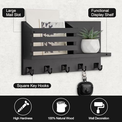 Key Holder Wall Mount, Mail Organizer for Wall with 5 Square Rustic Key Hooks Key Shelf Farmhouse Home Decor for Entryway - color: Black