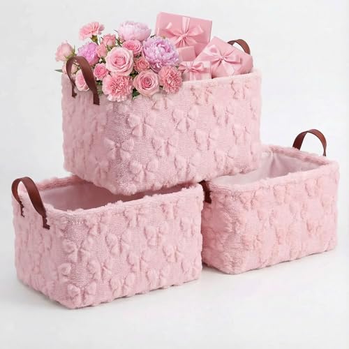 Kathfly 3 Pcs Bow Foldable Storage Baskets Pink Bow Plush Faux Fur Jacquard Design Laundry Basket with Handles Waterproof Storage Bins Fabric Shelf Baskets for Organizing Closet Clothes - style: Pink Bow