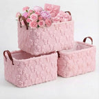 Kathfly 3 Pcs Bow Foldable Storage Baskets Pink Bow Plush Faux Fur Jacquard Design Laundry Basket with Handles Waterproof Storage Bins Fabric Shelf Baskets for Organizing Closet Clothes - style: Pink Bow