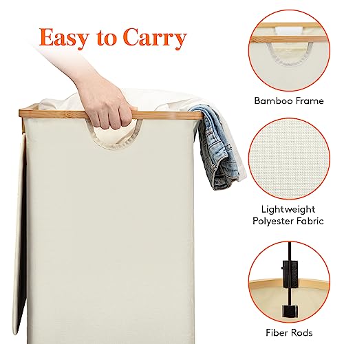 Lifewit 120L Double Laundry Hamper with Lid, Large Laundry Basket with Removable Bag & Bamboo Handles, Fodable Tall Dirty Clothes Hamper for Laundry Collapsible Bin for Bathroom Bedroom Dorm, Beige - color: Beige, size: 120L