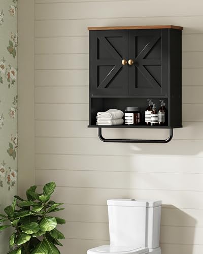 CHOEZON Bathroom Wall Cabinet, Medicine Cabinet with Open Partition and Towel Bar, Rustic Storage Cabinet with Open and Hidden Storage Space, for Bathroom, Living Room, Kitchen, Black and Walnut - color: Black and Walnut, size: 7.1"D x 18.9"W x 24.8"H