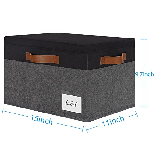 Large Storage Bins with Lids, Foldable Fabric Storage Baskets with Lids, Sturdy Storage Boxes with Labels and 3 PU Handles for Closet Home Bedroom Office (26L, 3 Packs, Grey&Black) - color: Grey with Black, size: Large-3pcs