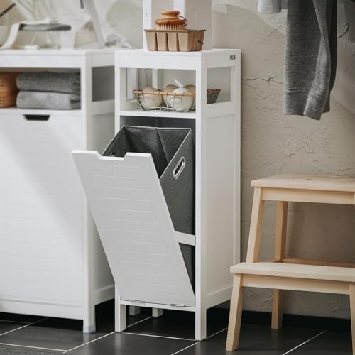 Haotian Small Tilt-Out Laundry Hamper Cabinet, Skinny Bathroom Storage Cabinet for Clothes Organization with Hidden Basket & Shelf, White BZR122-W - color: White, size: with 1 Shelf & 1 Hamper