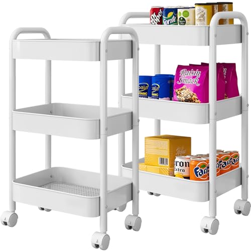 3 Tier Metal Rolling Cart, Heavy Duty Utility Storage Organizer with Lockable Wheels, Mobile Utility Cart for Livingroom, Bathroom, Kitchen, & Narrow Places, White