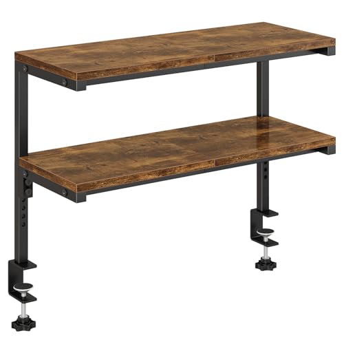 IBUYKE Clamp on Desk Shelf, 22.8” Large Desk Extender Shelves,Tool-Free Flexible Repositioning and Adjustable 2-Tier Storage Shelves for Desktop Accessories Below Desk TMZ010H - color: Brown