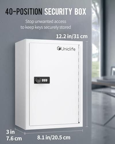 Uniclife 40 Position Slotted Key Cabinet with Combination Lock Resettable White Digital Security Storage Box Steel Key Organizer with Slotted Racks White Key Tag Labels and Permanent Pen - color: White, size: 40 Keys