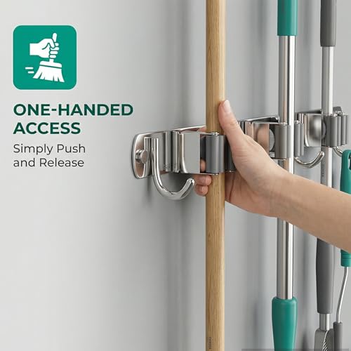 CUXIXA Mop and Broom Holder Wall Mount, Upgraded Broom Organizer Wall Mount, Stainless Steel Broom Hanger Wall Mount for Home Kitchen Garden Laundry Garage (3 Racks with 4 Hooks) - color: Silver, size: 3 Racks with 4 Hooks