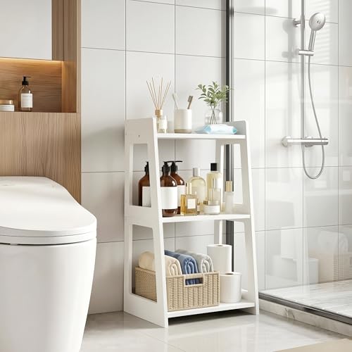 3-Tier Bathroom Ladder Shelf Freestanding, White Floor Shelves Open Shelving Unit, Small Bookshelf Nightstand for Home Study Laundry Room (11.8" D x 15.7" W x 27.6" H) - size: 11.8"D x 15.7"W x 27.6"H