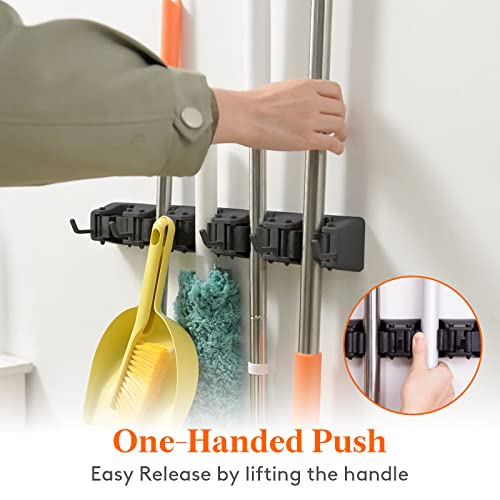 Lifewit Mop and Broom Holder Wall Mount, Anti-Slip Broom Hanger for Cleaning Supplies Organizer, Easy Install Tool Hanging Rack for Closet, Kitchen, Garage, 5 Slot 6 Hooks, Hold 30lbs, Black, 1 Pack - color: Black