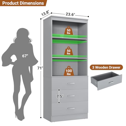 Aheaplus 23.6" Closet Drawers System, Wood Closet Organizer System with 3 Drawers, Modular Small Walk-in Closets Storage Unit, Grey (23.6" L x 13.8" W x 71" H) - color: Grey, size: 23.6''