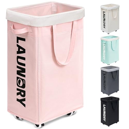 Goodpick Pink Laundry Basket with Wheels & Handles, Laundry Hamper with Removable Wash Bag, Dorm Room Essentials for Girls College Dorm - color: Pink 1-Pack