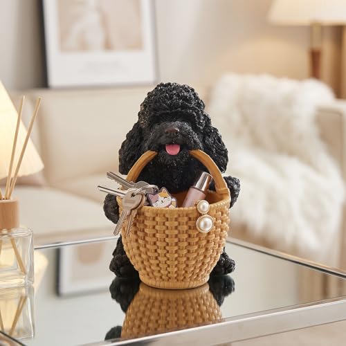 Everyday Carry Valet Tray & Bedside Nightstand Organizer Featuring Black Poodle Holding Basket - Canine Butler Statue for Watches & Pocket Dump Storage - Sleek Modern Desktop Decor - color: Poodle Carrying Basket - Black, size: Poodle