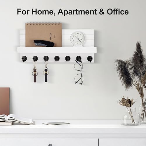 Lwenki Key Holder Wall Mount, Entryway Key and Mail Holder with 7 Sturdy Hooks for Sunglasses, Dog Leash, Decorative Wall Shelf with Mounting Hardware, 15”W x 6.7”H x 4.2”D (White) - color: White
