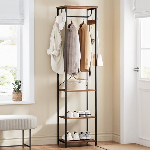 Coat Rack With Hanging Rod, Garment Rack With 3 Wooden Shelves and 4 Hooks, Freestanding Hall Tree, Industrial Clothes Rack Stand Organizer, Rustic Brown and Black - color: Rustic Brown and Black, style: with Top Shelf
