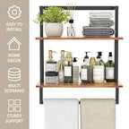 Wall Mounted Towel Rack for Bathroom, Bath Storage Holder 3-Tier Steel Wood Towel Shelf with Bar, Rustic Brown - color: Rustic Brown