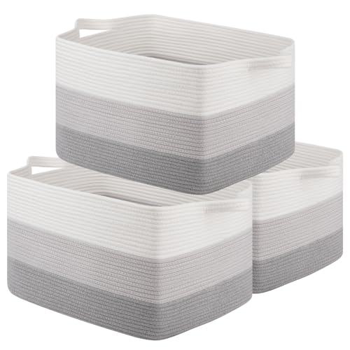 OIAHOMY Rectangle Woven Storage Basket - Nursery Cotton Rope Baskets for Storage, Toy Basket Organizing for Living Room, 17.7"x13.8"x11"- Pack of 3 - Gradient Gray - color: Gradient Gray, size: 3 pcs-17.7”x13.8”x11”