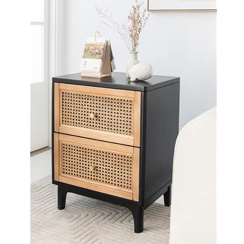 COZAYH 2 Drawer Bedroom Nightstand, Boho Farmhouse Bedside Table - Accent Table Stand with Drawer Organizer Storage and Weave Pattern Front, Black - color: Black, style: 2 Drawer/1 pack