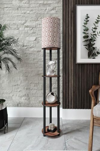 Floor Lamp with Shelves for Living Room, Shelf Floor Lamp, Corner Display Standing Column Lamp Etagere Organizer Tower Nightstand with White Linen Shade for Bedroom, Office (Walnut White Model)
