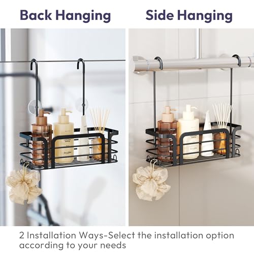 SWTYMIKI Shower Caddy Hanging Organizer - Over the Door Shower Caddy with 6 Hooks, 2 Installation Ways, Stainless Steel Rustproof Bathroom Organizer, Black - color: Black-1 tier