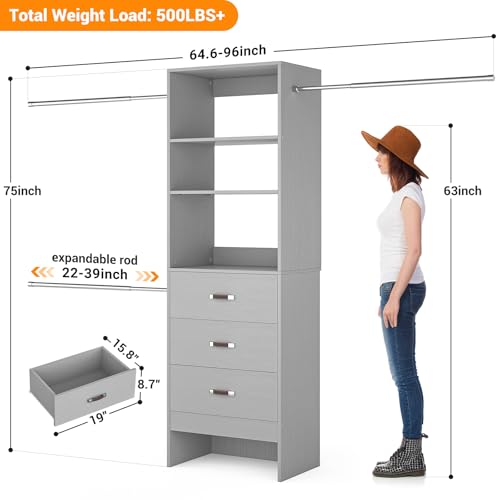 Homieasy 96 Inches Closet Organizer System, 8FT Customizable Walk In Closet Organizer with Hanging Rods, 3 Drawers Garment Rack with Leather Handle , 96" L x 16" W x 75" H, Max Load 1000 LBS, Grey - color: Grey