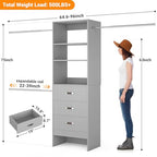 Homieasy 96 Inches Closet Organizer System, 8FT Customizable Walk In Closet Organizer with Hanging Rods, 3 Drawers Garment Rack with Leather Handle , 96" L x 16" W x 75" H, Max Load 1000 LBS, Grey - color: Grey